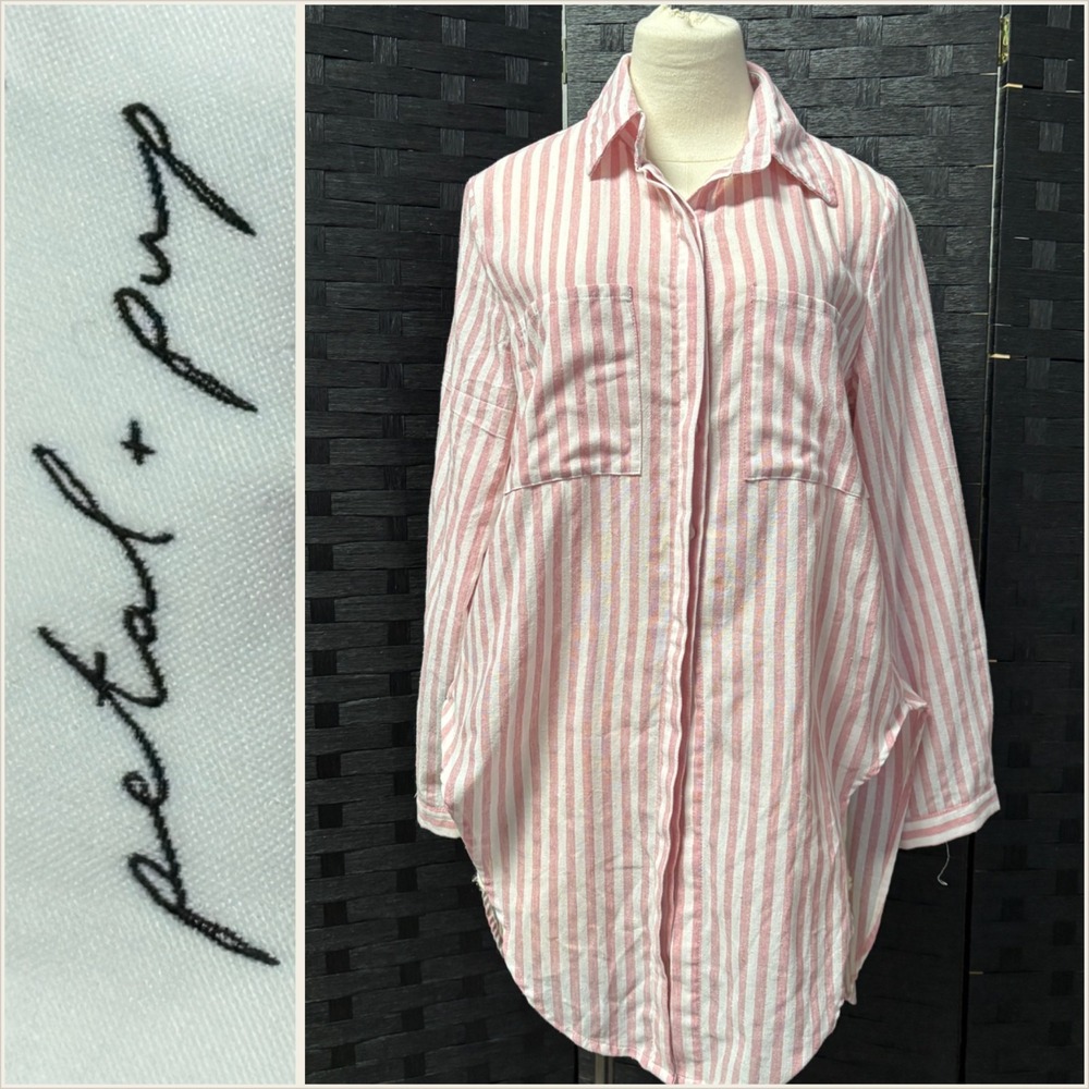Petal + Pup‎ Large Pink White Striped Long Sleeve Tunic Shirt Casual Button Down